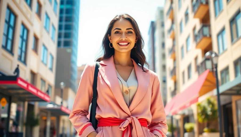 Showcase of elegant fashion by Rivelle in a vibrant urban setting with a confident model.