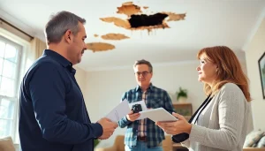 Documenting Property Insurance Claims with a homeowner and adjuster in a damaged living room.