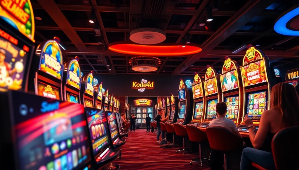 Kode4d online gaming platform showcasing colorful slot machines and excited players in a vibrant, thrilling environment.