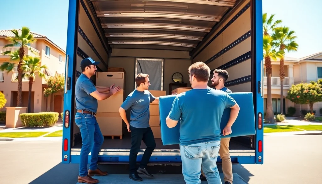 San Diego Moving Company crew efficiently lifting furniture into a truck under a sunny sky.