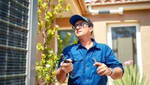 Expert performing ac repair mesa az service in a sunny backyard setting.