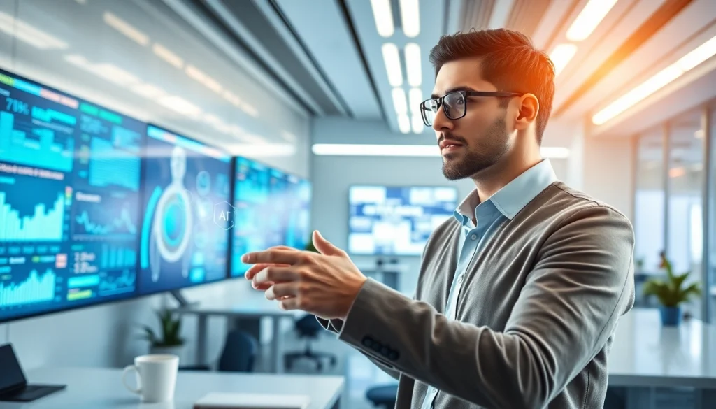 Engage with the Human Interface with AI through digital interaction in a modern workspace.