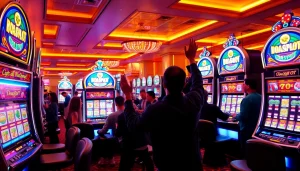 Excited players celebrating wins by doaslot slot machines in a luxurious casino environment.