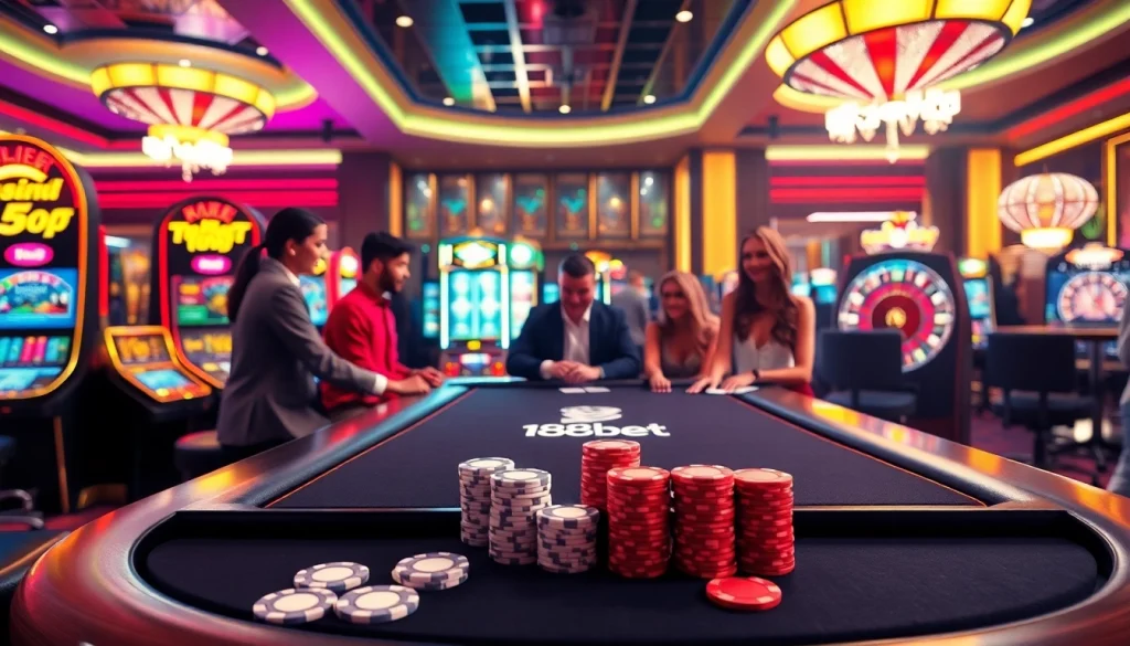 Players enjoying an exciting game at 188bet's upscale casino setting with vibrant gaming tables.