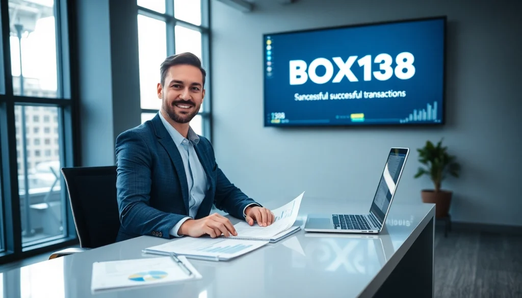 Professional financial office showcasing 'BOX138' branding with a confident businessperson and digital transactions.