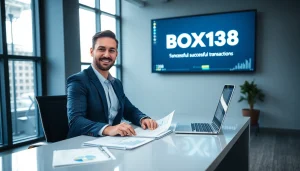 Professional financial office showcasing 'BOX138' branding with a confident businessperson and digital transactions.