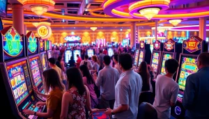 Permainan yuyu4d slot yang memikat dengan lampu warna-warni dan pemain bersemangat.