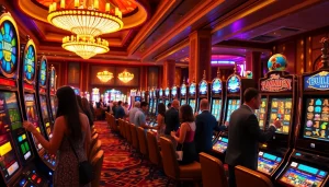 Engaged players enjoying range of slot games in a vibrant 슬롯커뮤니티 setting at a luxury casino.