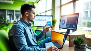 Analyze TikTok SMM panel strategies with a digital marketing expert in a modern office.