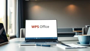 WPS下载 showcasing a modern workspace with a laptop, notepad, and coffee for productivity.