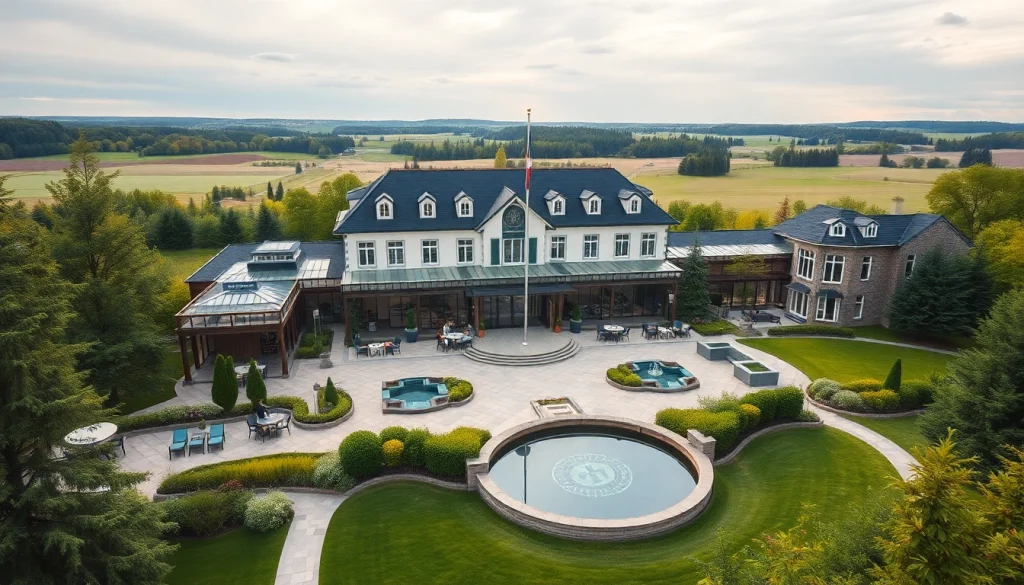 Luxury hotel in Sweden featuring a modern design amid lush greenery and a serene landscape.