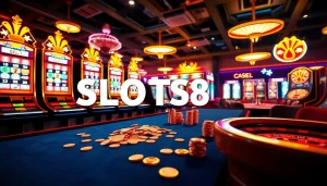 Exciting display of SLOTS8 slot machines surrounded by vibrant casino elements like poker chips and roulette wheels.