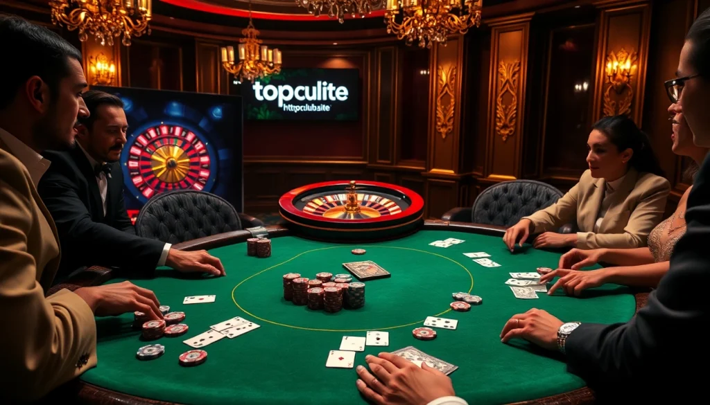 Players strategizing at a high-stakes poker game at https://topclub.site/, exchanging chips and playing cards.