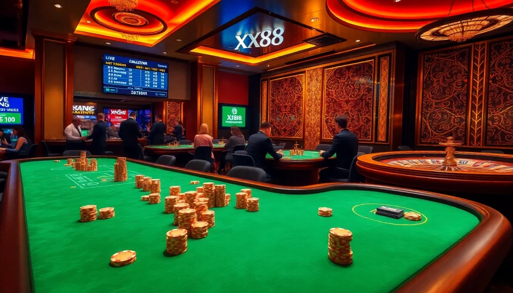 Players placing bets at a luxurious poker table in the XX88 casino.