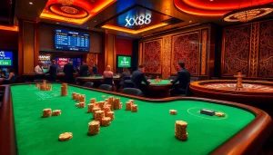 Players placing bets at a luxurious poker table in the XX88 casino.