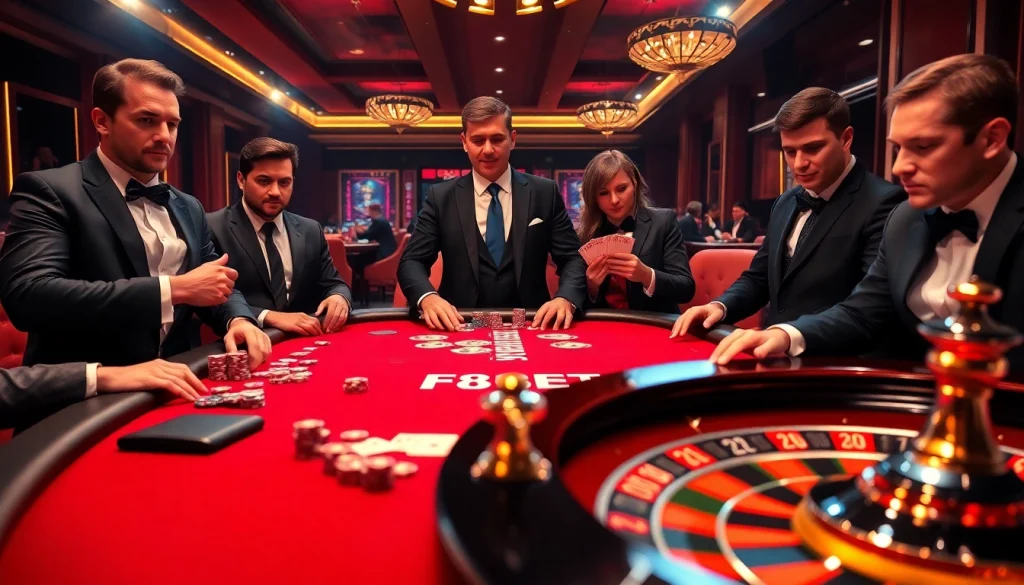Exciting poker action at an F8BET casino table with professional gamblers and stylish props.