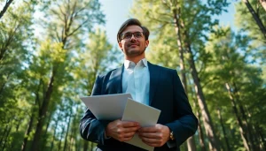 An environmental lawyer passionately campaigning for nature protection in a lush forest backdrop.