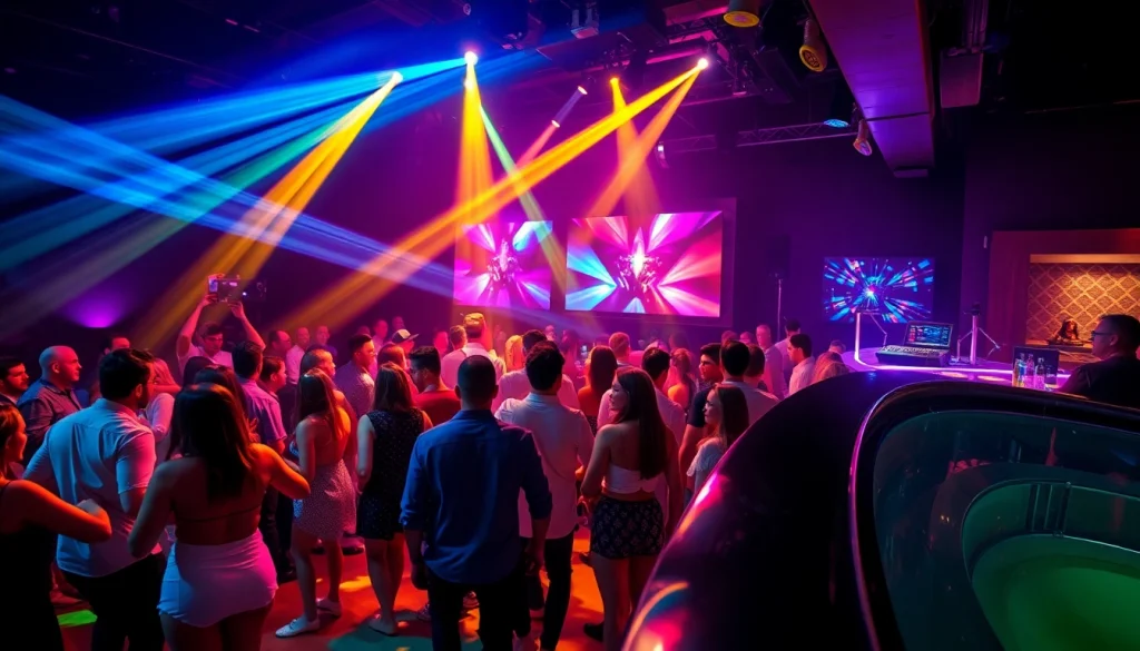 Danse animée au social club palma avec une foule joyeuse et des lumières colorées.