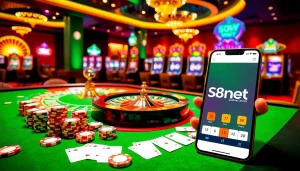 An engaging online gambling scene at https://s8net.com/ featuring vibrant casino elements and luxurious gaming tables.