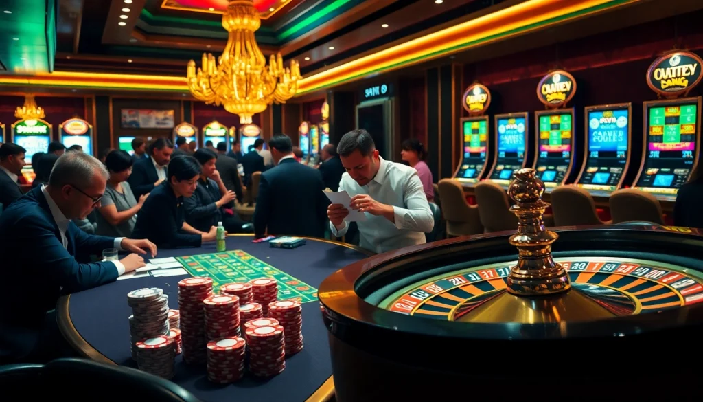 S88vip players eagerly analyzing their blackjack hands in a vibrant casino atmosphere.