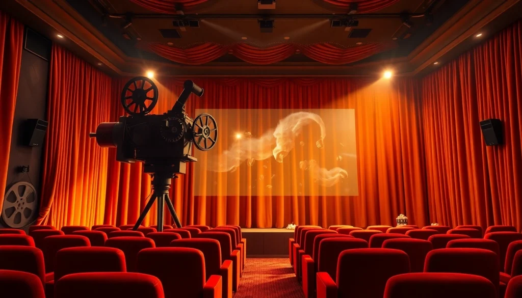 ดูหนังในห้องฉายภาพยนตร์อบอุ่นที่มีโปรเจคเตอร์วินเทจส่องแสงสดใส