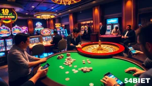 Players engaging in high-stakes poker at 54BET casino, surrounded by colorful chips and slot machines.