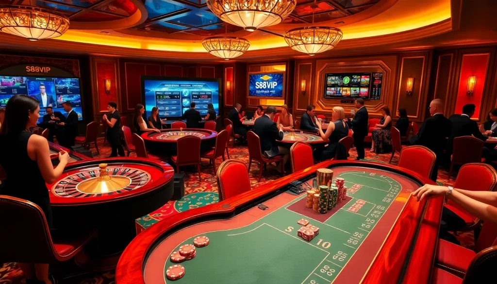 S88VIP players engaging in thrilling casino games at a luxurious gaming area, surrounded by excitement.