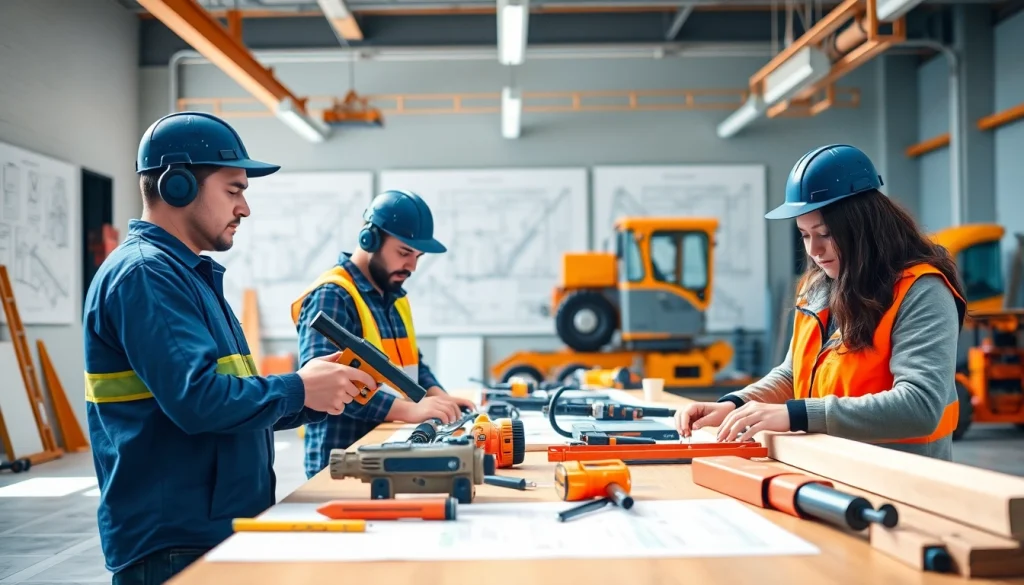 Students learning at construction trade schools in Texas with tools and machinery.