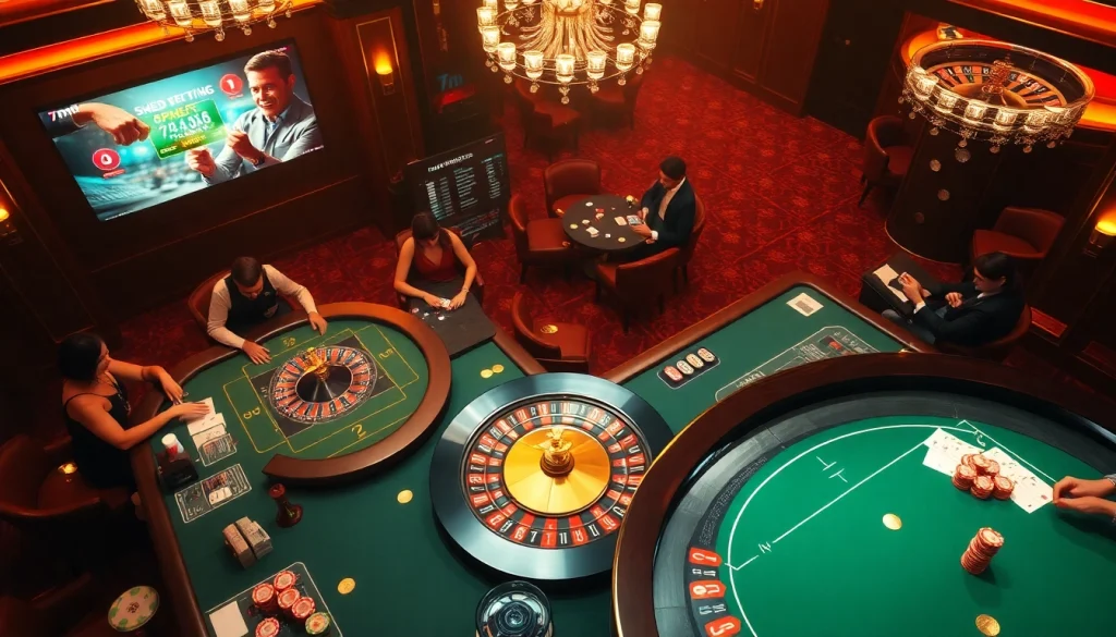 Gamble at 7m.cn while enjoying an engaging casino scene with poker tables and live score updates.