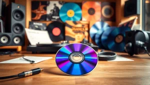 Showcasing a professional audio cd in a modern studio to emphasize music creation.