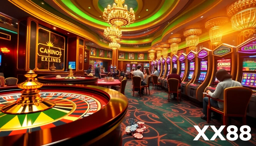 Players enjoying various online games at XX88's vibrant casino scene with roulette and poker chips.