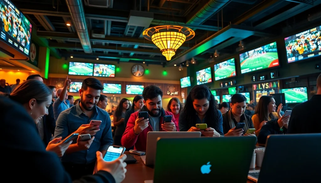 Engaged bettors enjoying sports betting Georgia through mobile devices in an energetic atmosphere.
