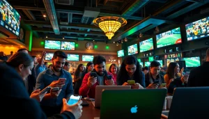 Engaged bettors enjoying sports betting Georgia through mobile devices in an energetic atmosphere.