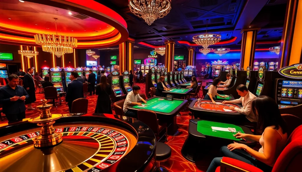 Excited players engaging in gambling activities at https://bong99.pro/ featuring roulette and poker tables.