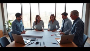 Collaboration among Texas association of builders in an office setting, discussing construction plans.