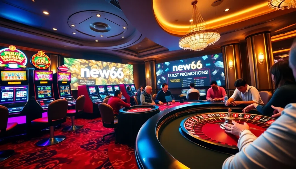 Engage in thrilling gameplay at new66 with vibrant casino visuals featuring slot machines and poker tables.