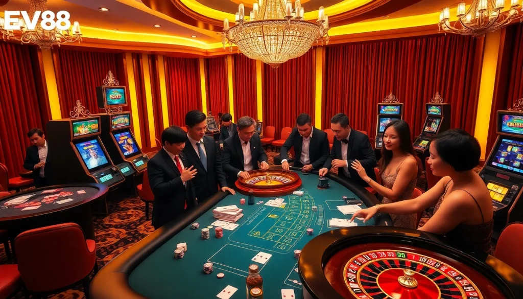 Experience high-stakes action at EV88's luxurious casino with vibrant games and engaging players.