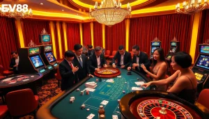 Experience high-stakes action at EV88's luxurious casino with vibrant games and engaging players.