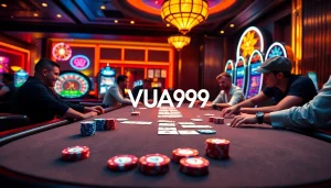 Players enjoying a poker game at VUA99, showcasing excitement with casino elements.