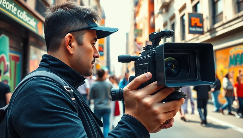 Videographer capturing a lively urban scene, showcasing the art of videography.