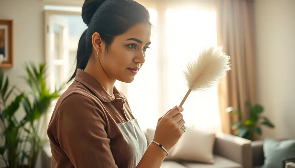 Indian maid from Mizoram cleaning a cozy living room, showcasing professionalism and care.