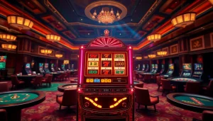 Exciting Slot Gacor Hari ini at a luxurious casino, featuring vibrant machines and gaming tables.