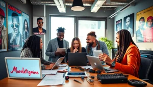 Dynamic scene of a hip hop PR firm team collaborating on marketing strategies.