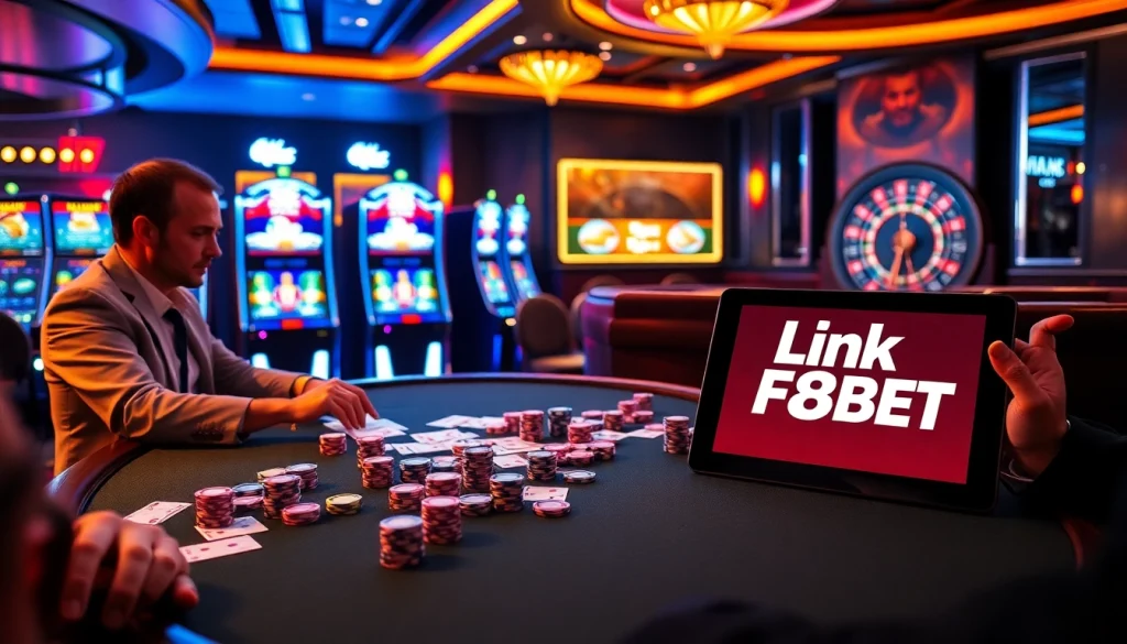 Experience high-stakes games and excitement with Link F8BET in this luxurious casino scene.