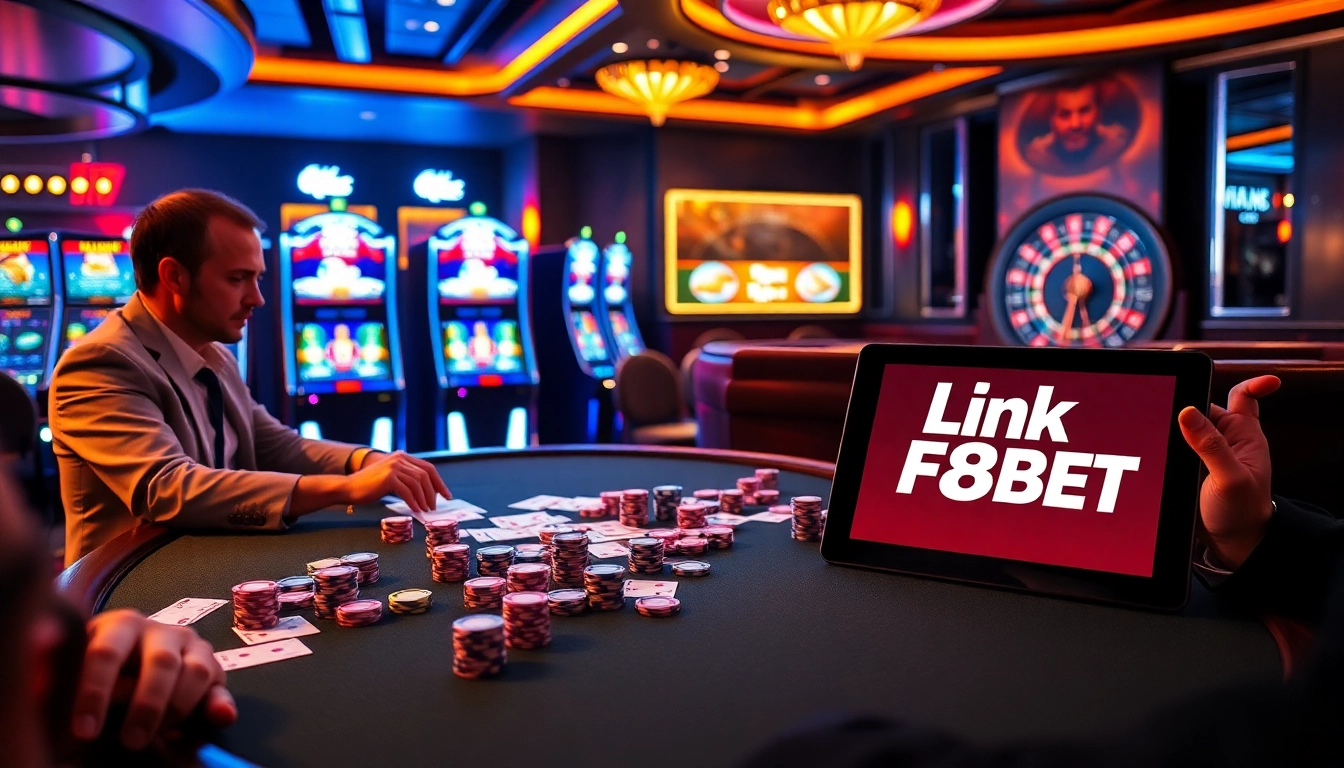 Experience high-stakes games and excitement with Link F8BET in this luxurious casino scene.