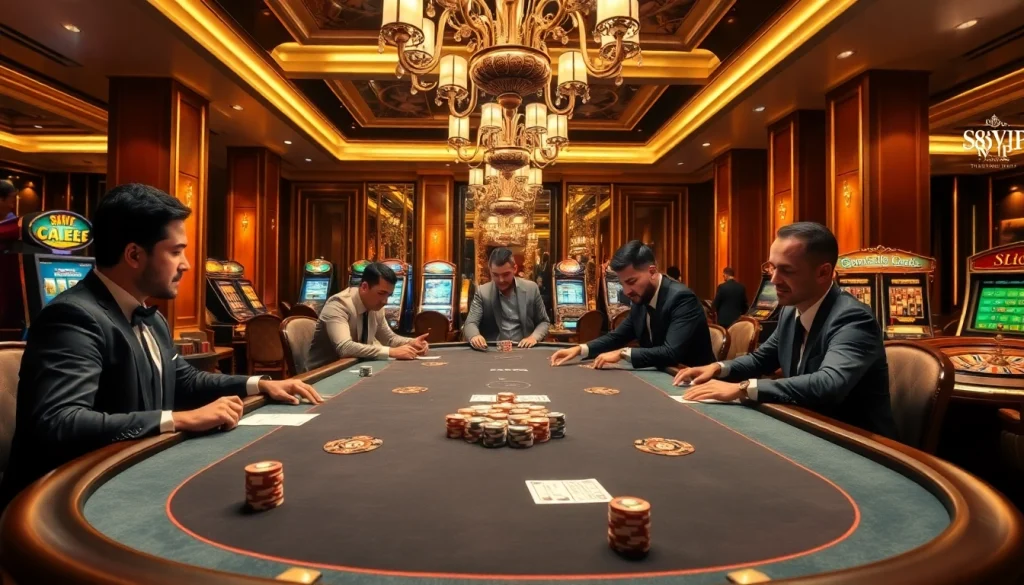 S88VIP players engaging in high-stakes poker at a luxurious casino table, showcasing elegance.
