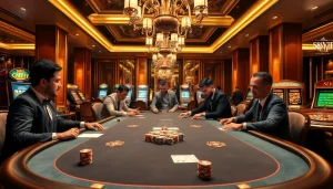 S88VIP players engaging in high-stakes poker at a luxurious casino table, showcasing elegance.