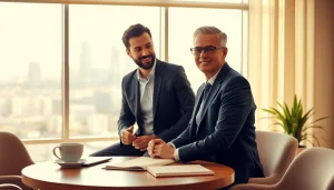 Engaging business coach los Angeles mentoring a client in a sunny office setting.