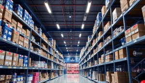 Explore premium bowling parts for AMF in a well-stocked, professional warehouse setting.