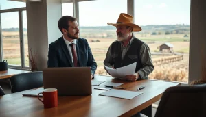 Engaging scene of an agriculture lawyer consulting with a farmer in a professional office setting.
